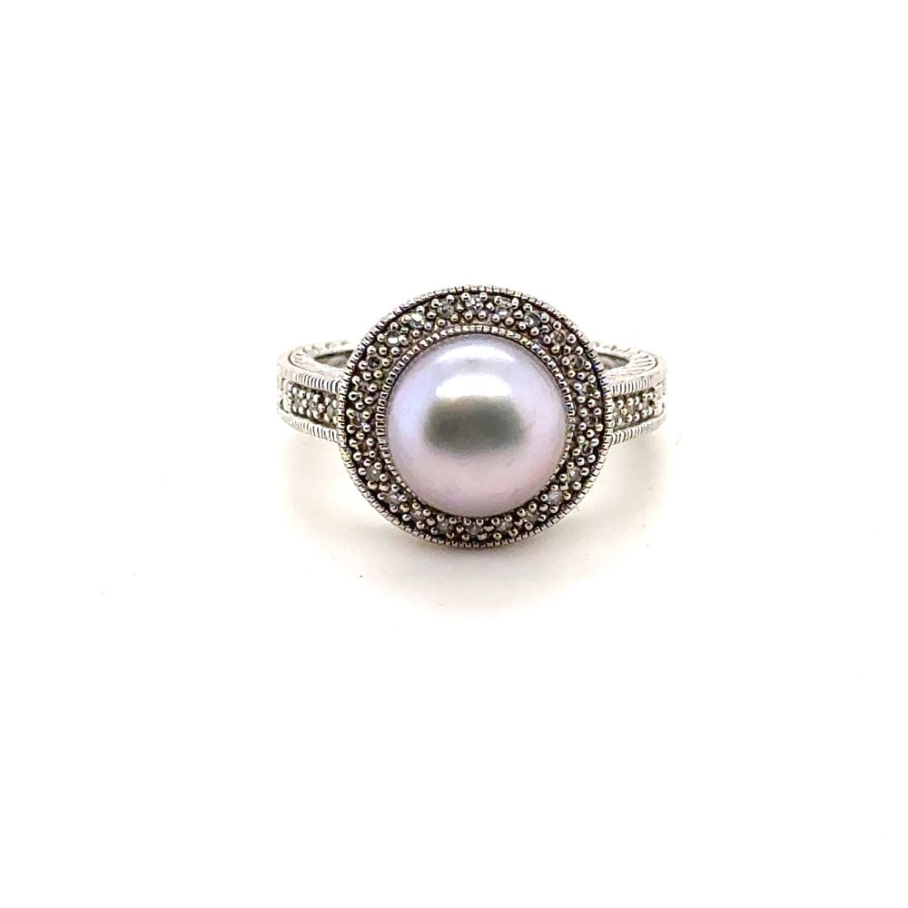 Sterling Silver 925 Real Pearl Halo Vintage Style Engraved Ring Size 7